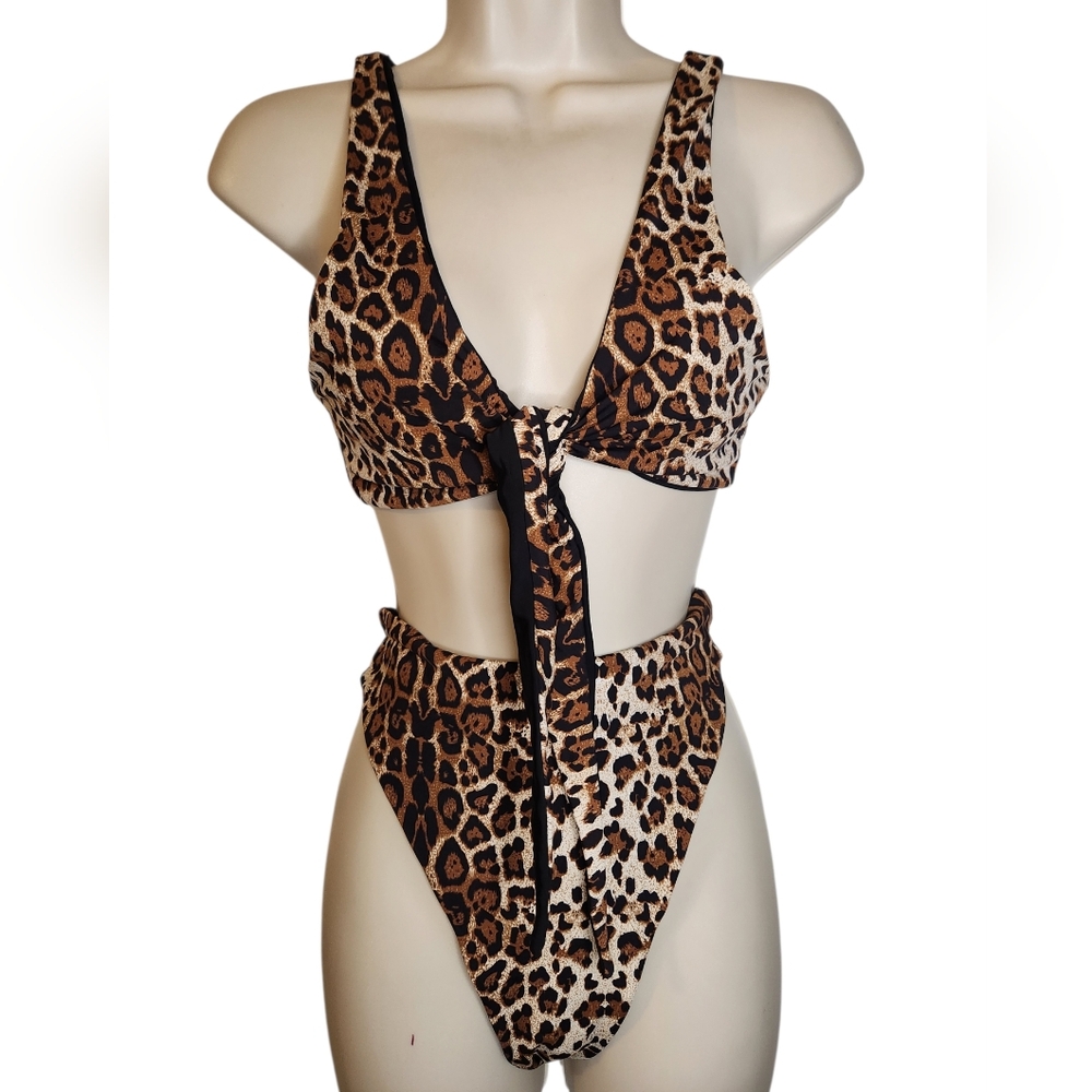 Four Three Seven Leopard Bikini Set Plunge Tie Top High Cut Bottoms L/M
